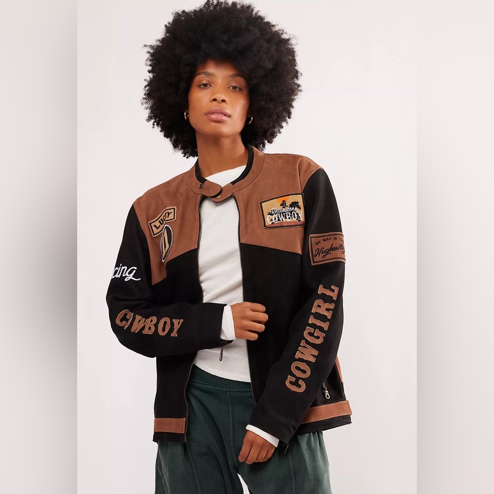 Free People Black and Brown Cowboy Patch Leather Jacket